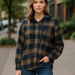 American Eagle Womens Blue‎ Plaid Hooded Button Up Long Sleeve Oversized Top M